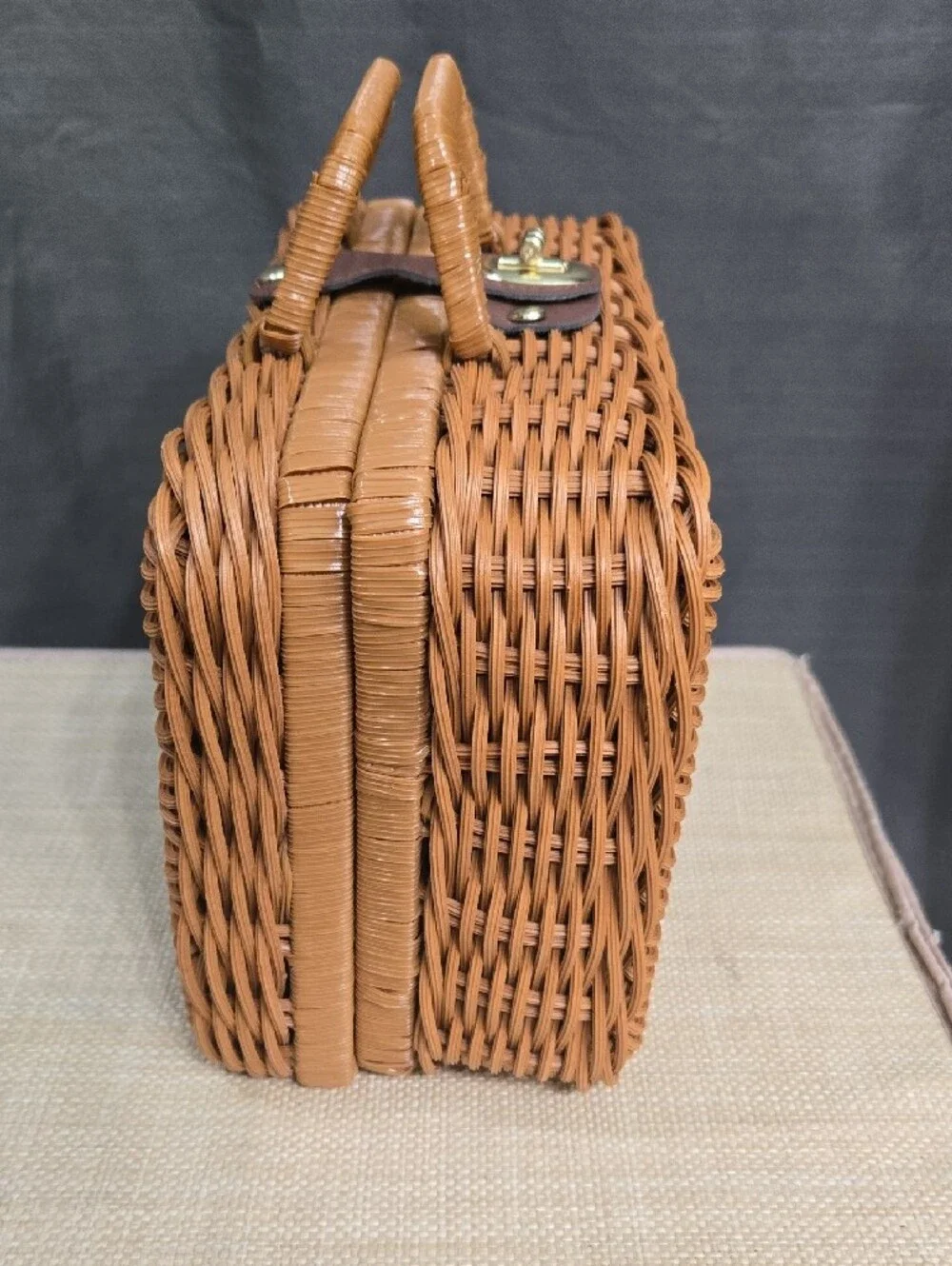 Woven Rattan Picnic Handbag in Warm Tan